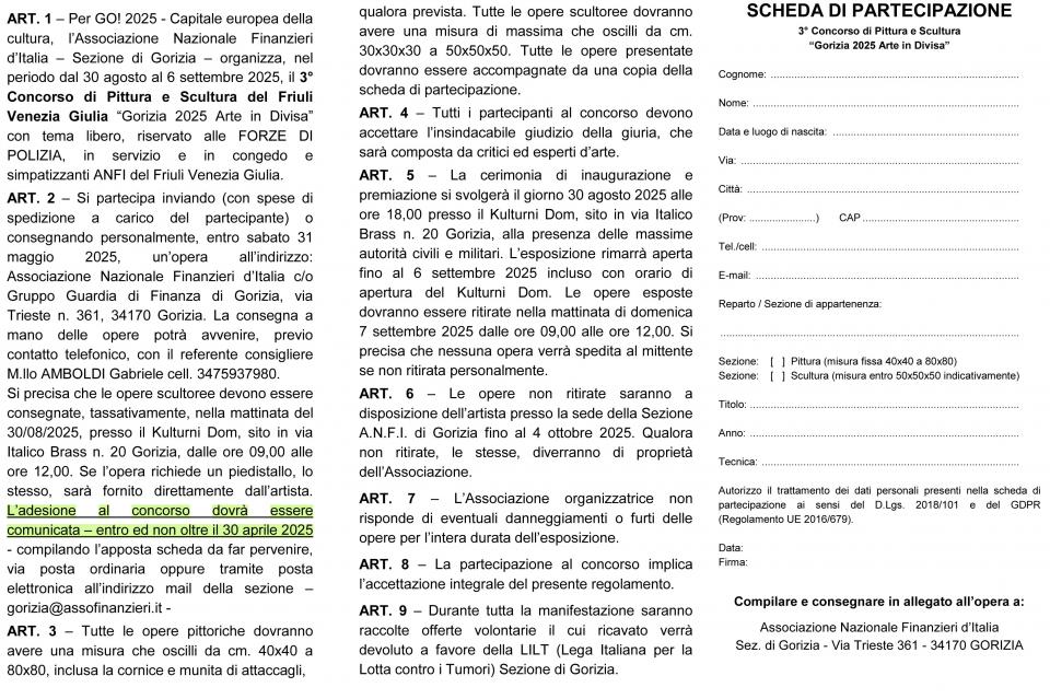 Per Go! 2025 Nova Gorica e Gorizia Capitale Europea della Cultura – dal 30 agosto al 6 settembre 2025 – 3° Concorso di Pittura e Scultura “Gorizia 2025 Arte in divisa”